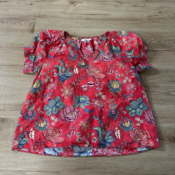 Ulla Johnson Tops - Ulla Johnson Red Floral Cotton Puff Sleeve Peasant Blouse Top Size 10